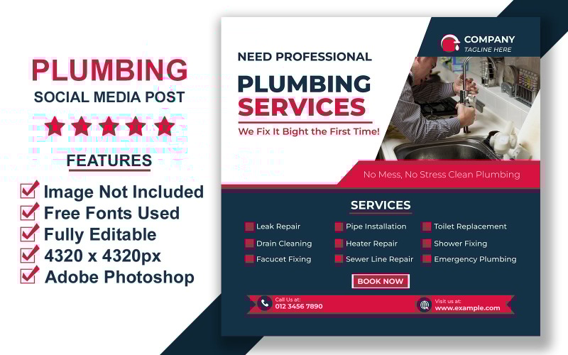 Plumbing Service Promotion Social Media Post Template PSD for Professional Marketing