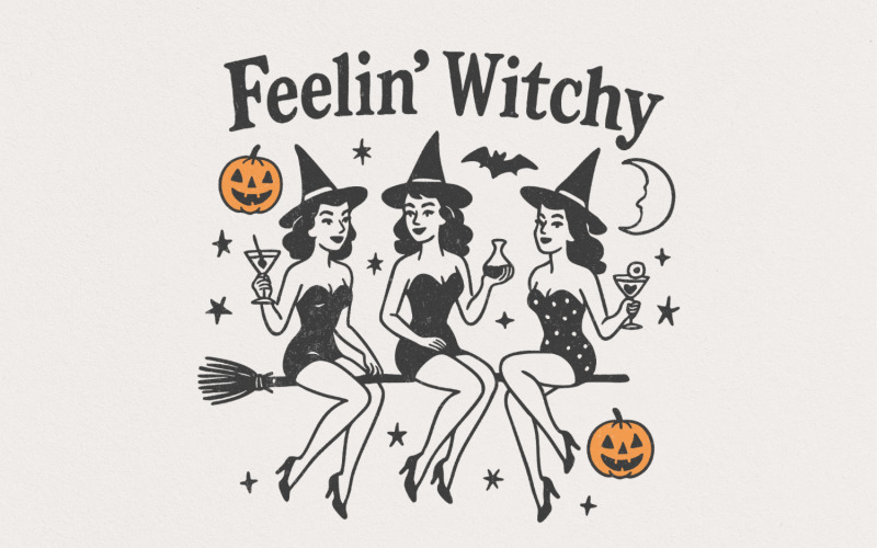 Feelin' Witchy PNG, Retro Halloween Witches, Vintage Witch PNG Download, Cute Halloween Art, Fun