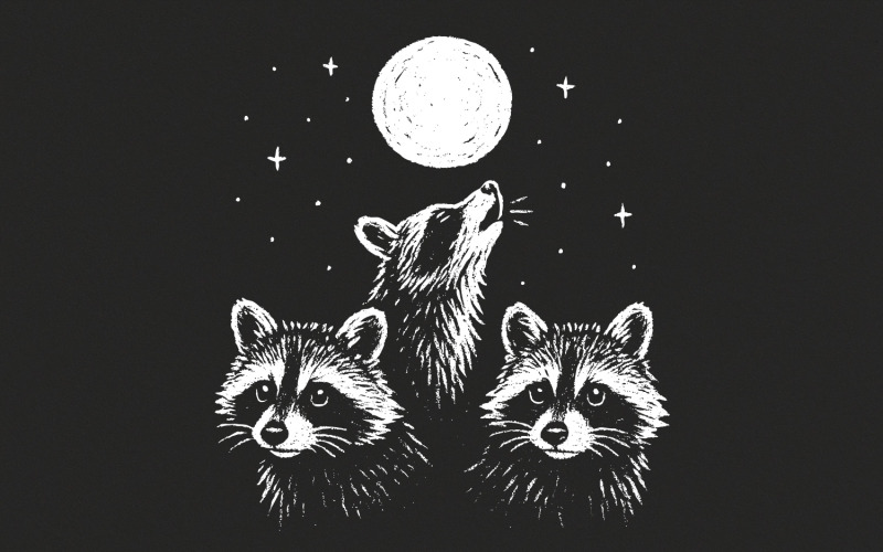 Moonlit Raccoon Trio PNG, Woodland Animal PNG, Forest Animal PNG, Hand Drawn Wildlife, Nocturnal