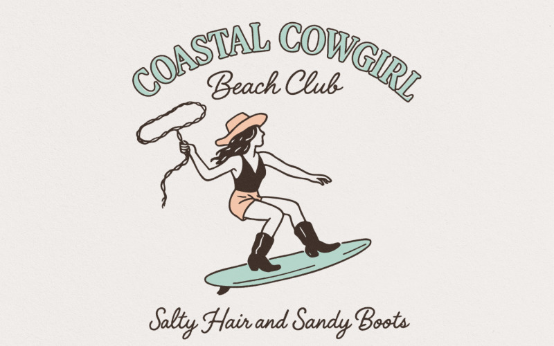 Coastal Cowgirl Beach Club PNG, Salty Hair and Sandy Boots, Retro Western Surf T-Shirt PNG, Beach