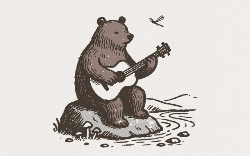Oso con guitarra PNG, Oso guitarrista, Animal único tocando la guitarra, Escena relajante de la naturaleza en el río