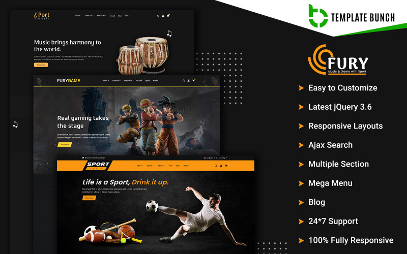 Fury - Müzik ve Oyun ile Spor - E-Ticaret için Duyarlı Shopify Teması