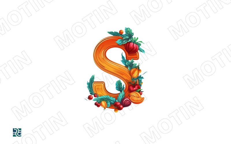 Letra S decorativa adornada com frutas e vegetais vibrantes em um design colorido