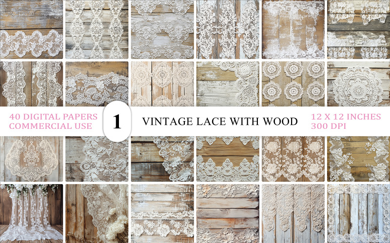 Pack de papier numérique rustique en bois et dentelle | Dentelle vintage sur fond texturé bois