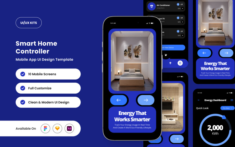 HeyHomi — Interfaccia utente dell'app Smart Home Controller con accenti neon
