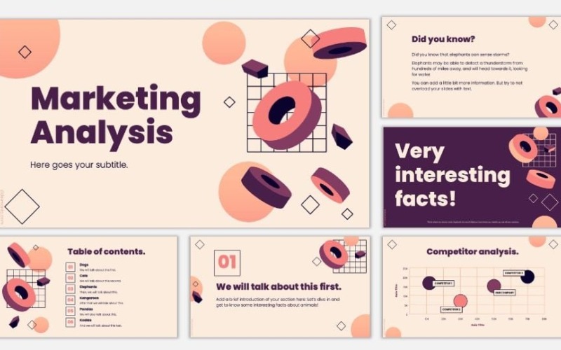 Modello di analisi di marketing dal design piatto, per Canva, PPT e Google Slides.