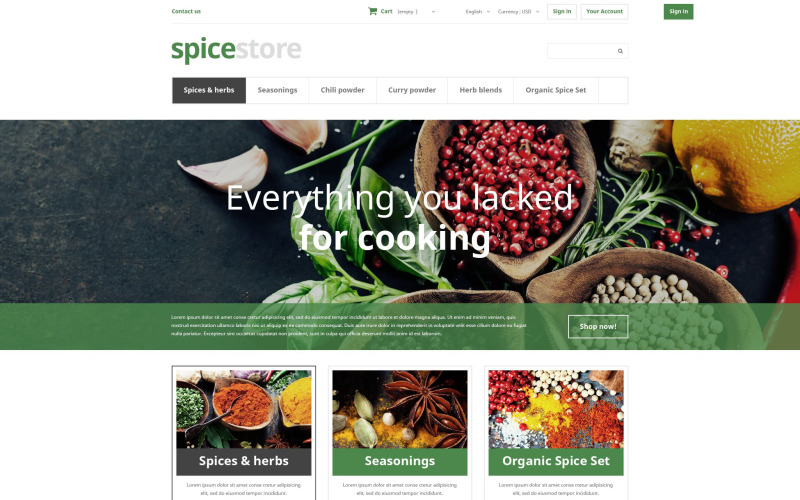 Schone e-commerce winkel pittige winkel koken peper zout kaneel gedroogde kruiden PrestaShop-thema
