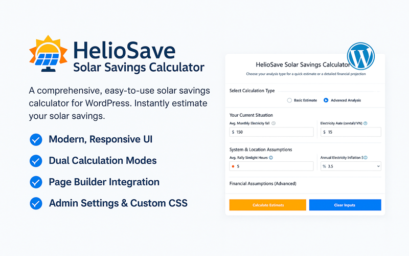 Kalkulator oszczędności energii słonecznej HelioSave dla WordPress