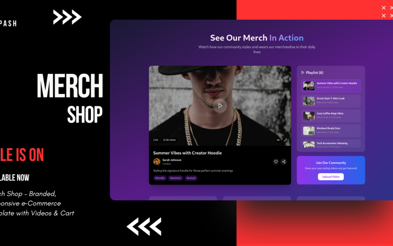 Etkileyici Merch Mağazası – Videolar ve Sepet ile Markalı, Duyarlı e‑Ticaret Şablonu