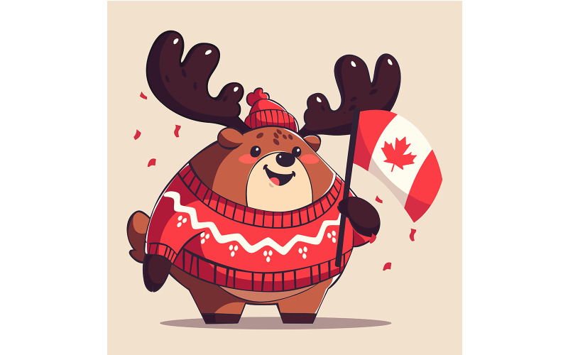 Alce de dibujos animados sosteniendo una bandera de Canadá
