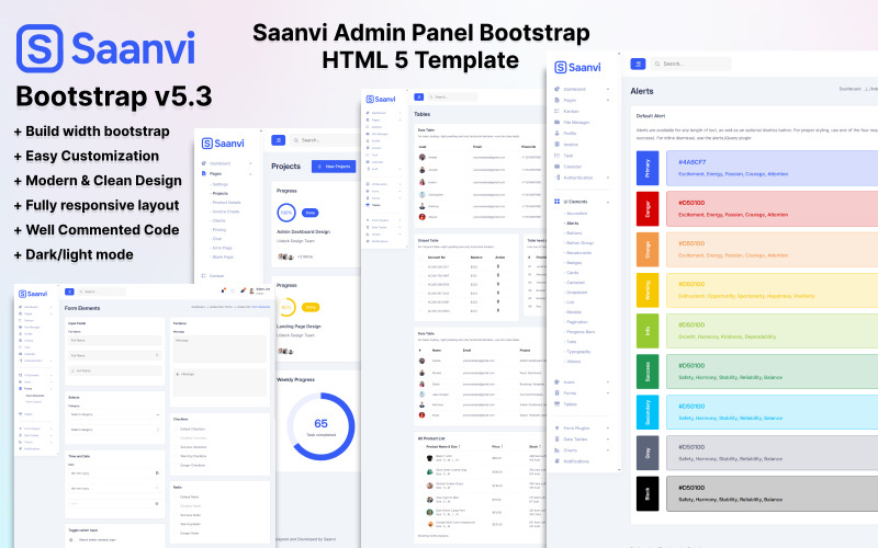 Saanvi - Adminisztrációs panel Bootstrap HTML 5 sablon Átfogó, többcélú adminisztrációs irányítópult
