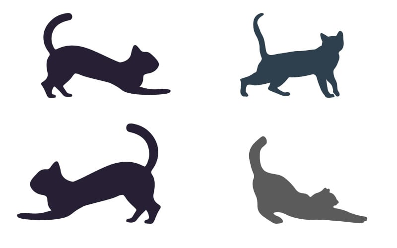 Quatre silhouettes de chats s'étirant dans des couleurs atténuées
