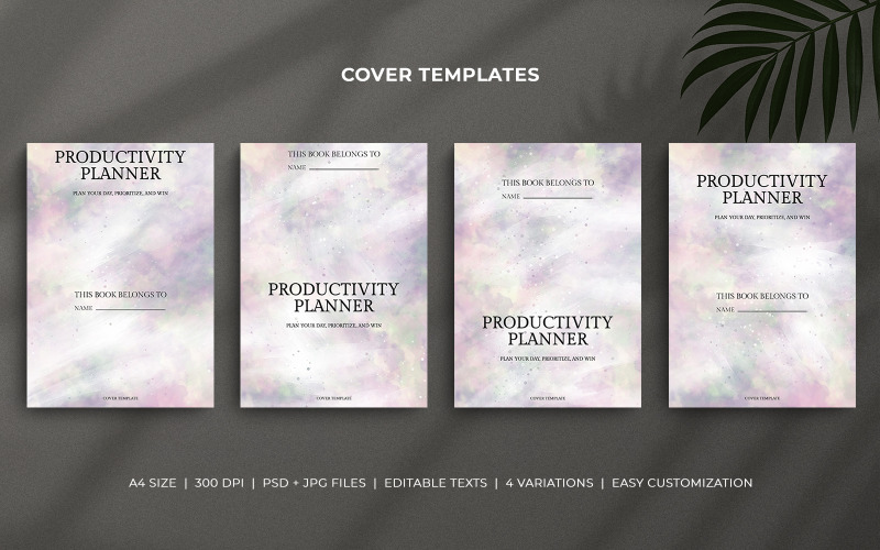 Ensemble de modèles de couverture de planificateur de productivité - Conception aquarelle modifiable pour impression et utilisation KDP