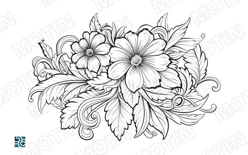 Motif floral élégant avec des feuilles détaillées et des motifs tourbillonnants