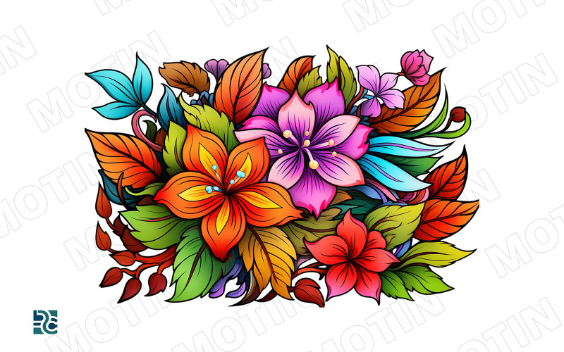 Živá květinová kompozice s barevnými květy a listy na bílém pozadí