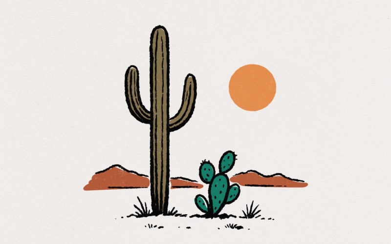 Cactus and Desert Sun PNG, Vintage Southwestern Saguaro Clipart, Nature PNG, Retro Western Art,