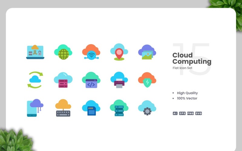 15 flache Symbole für Cloud Computing