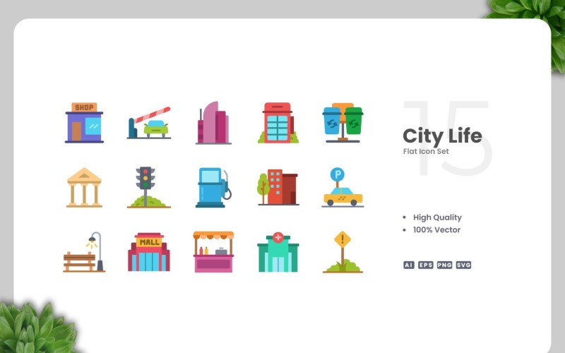 Set di 15 icone piatte della vita cittadina