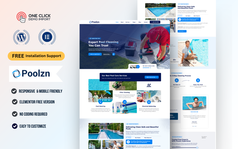 Poolzn – WordPress Elementor-mallkit för rengöring och reparation av pooler