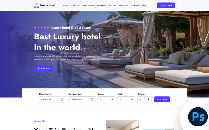 Lyxhotell - Lyx- och hotellboknings PSD-mall