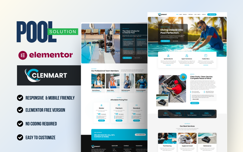 Cleanmart – WordPress Elementor-sjabloonkit voor zwembadreinigingsdiensten