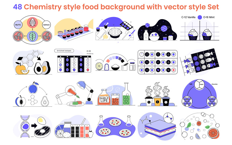 48 Chemische stijl voedselachtergrond met vectorstijl