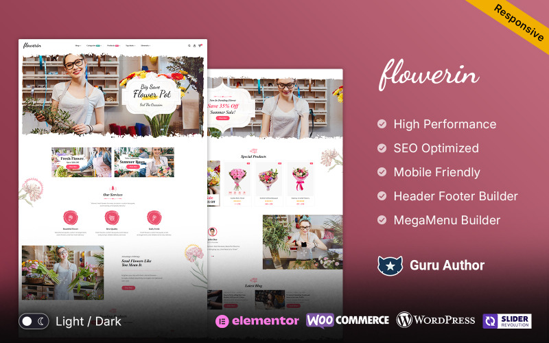 Flowerin - Virágbolt és virágkötő ajándék WooCommerce sablon