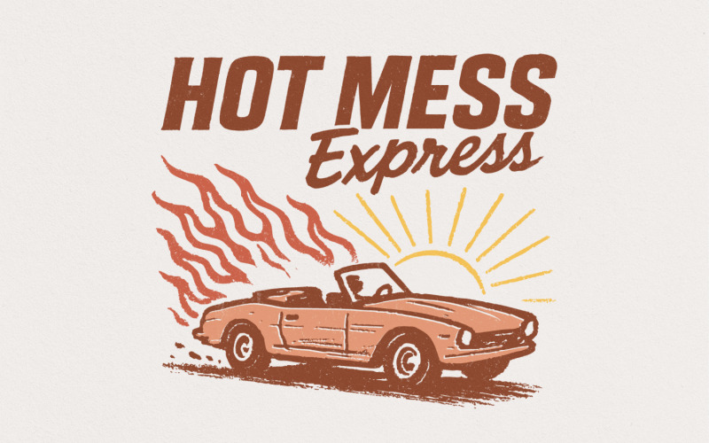 Hot Mess Express PNG, Camiseta de coche retro, Descarga digital divertida, Dibujo de sol, Top de humor para mujer, Alto