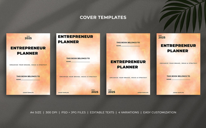 Ensemble de modèles de couverture d'agenda pour entrepreneurs, motif aquarelle orange feu pastel, mises en page A4 modifiables