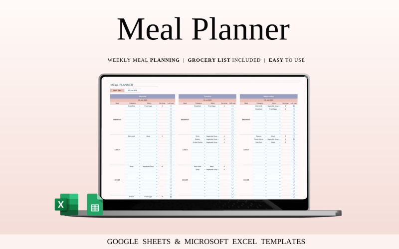 Google 表格和 Excel 的膳食计划模板