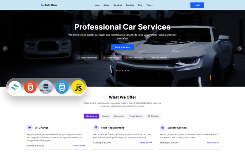 Cura dell'auto - Assistenza auto e meccanico tailwindcss