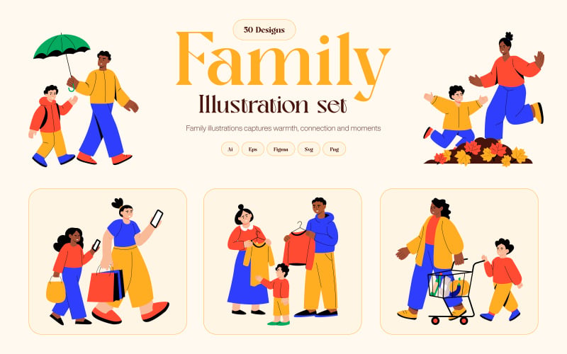 Familjeillustrationskonstuppsättning