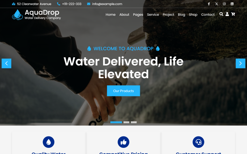 Aquadrop - React-websitesjabloon voor waterleveringsbedrijf