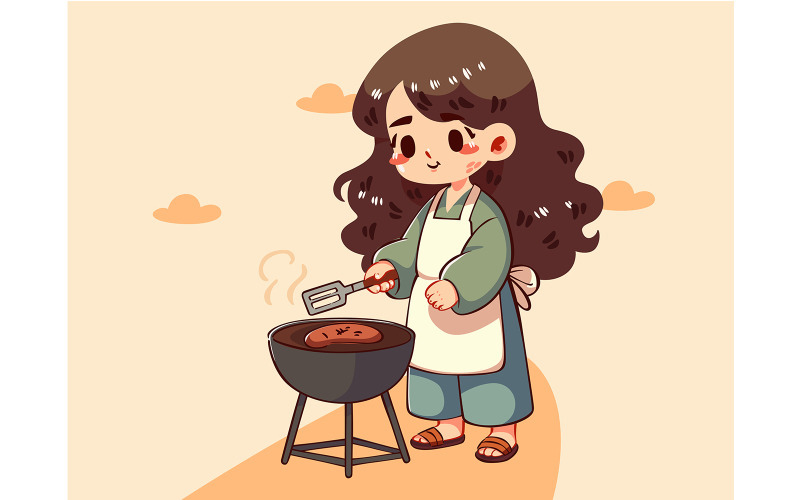 Fille de dessin animé cuisinant sur un gril