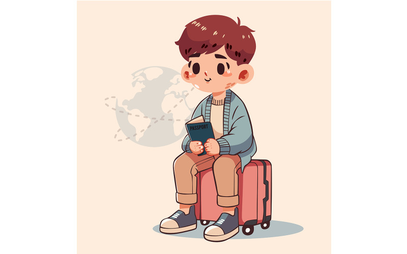 Menino de desenho animado sentado na bagagem viajando de férias
