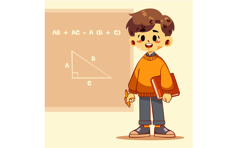 Ragazzo dei cartoni animati che tiene un libro e una matita