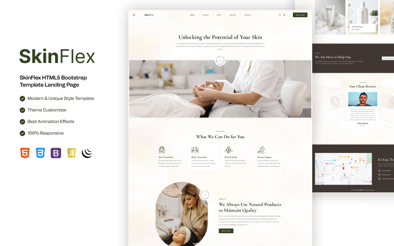 Skinflex – Page d'accueil HTML pour les soins de la peau et la dermatologie, destinée aux cliniques et aux professionnels de la beauté