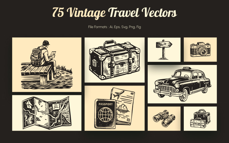 Sada ilustrací pro vintage cestování