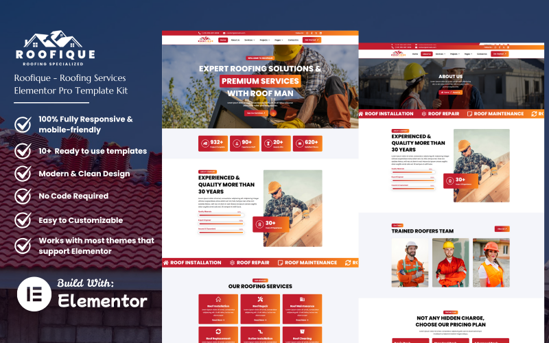Roofique – Takläggningsföretag och exteriöra tjänster för hem Elementor Pro-mallpaket