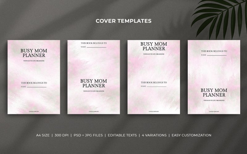 Mallar för omslag till Busy Mom Planner – Grönt och rosa akvarellpenseldrag, redigerbart PSD-designset