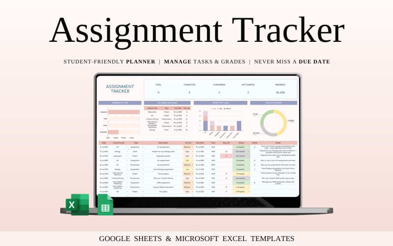 Assignment Tracker Spreadsheet Template for Google Sheets and Excel