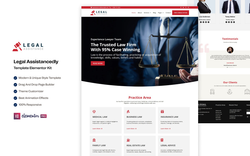 Assistance juridique – Kit Elementor multipage pour cabinets d'avocats et consultants juridiques
