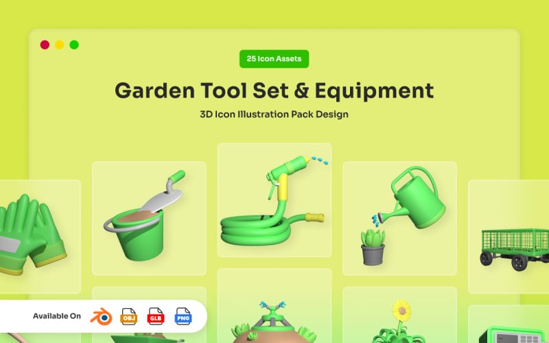 Set di attrezzi da giardino e pacchetto di icone 3D per attrezzature