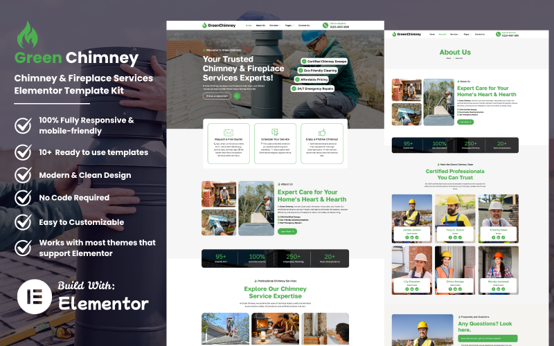 GreenChimney – Kit de plantillas Elementor para servicios de chimeneas y hogares