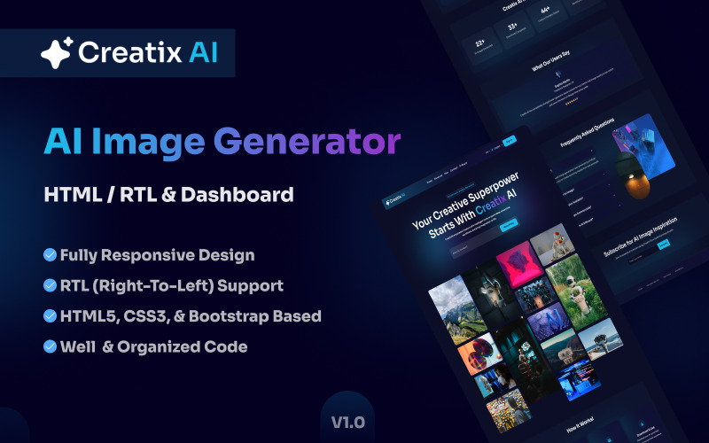 CreatixAI - HTML-mall för AI-bildgenerering, RTL och instrumentpanel