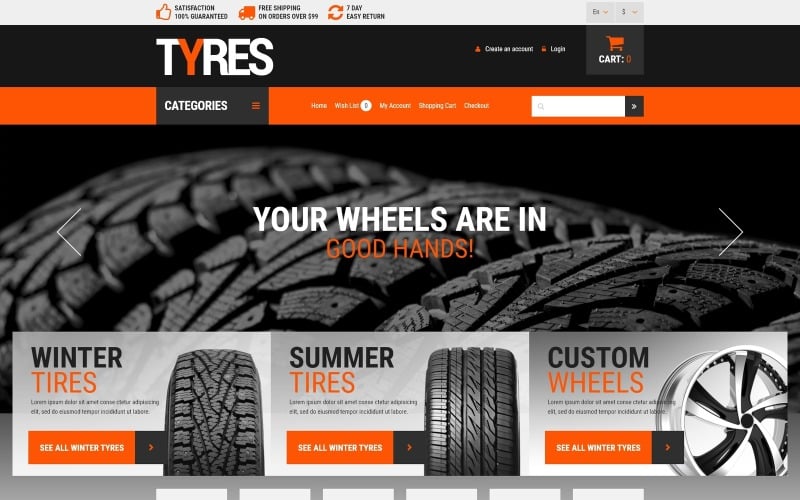 Modèle OpenCart de roues et de pneus