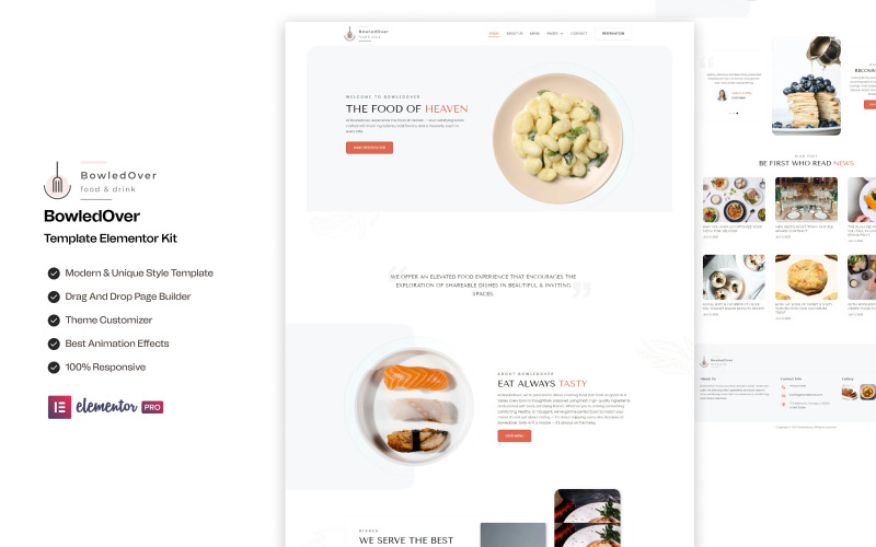 BowledOver: Kit de plantillas Elementor de WordPress de varias páginas para servicios de comida y bebida