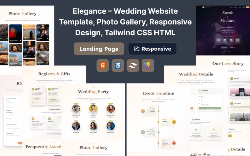 Elegance – 婚礼网站模板，照片库，响应式设计，Tailwind CSS HTML