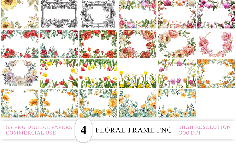 Bordure fleurie romantique au format PNG | Cadre floral vintage au format PNG | Méga cadre floral coloré au format PNG