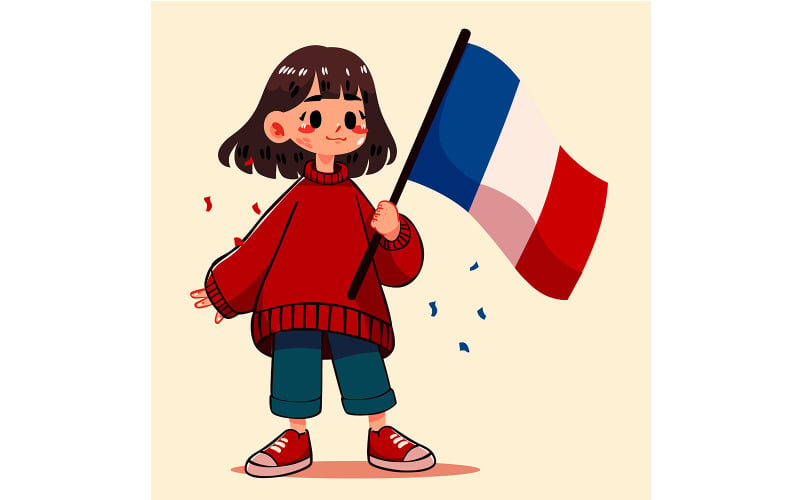 Chica de dibujos animados sosteniendo una bandera de Francia